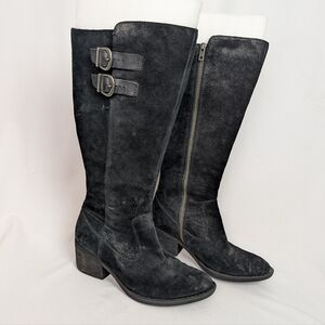 Born Bley Suede Buckle Knee High Boots Black
